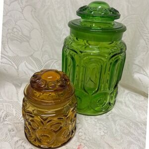 MCM LE Smith Moon and Stars Glass Candy Jars Amber Green Canisters cottagecore